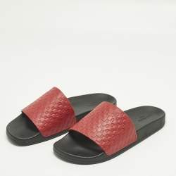Pre Owned Balmain Red Monogram Embossed Leather Slide Sandals Size 44