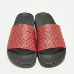 Pre Owned Balmain Red Monogram Embossed Leather Slide Sandals Size 44