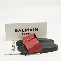 Pre Owned Balmain Red Monogram Embossed Leather Slide Sandals Size 44