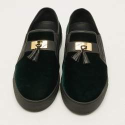 Pre Owned Balmain Size 43 Green/Black Leather Velvet Slip On Sneakers