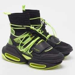 Pre Owned Balmain B-Bold Size 42 Black/Green Fabric and Leather High Top Sneakers