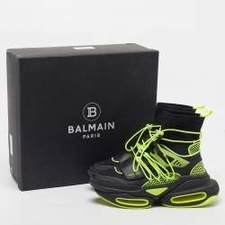 Pre Owned Balmain B-Bold Size 42 Black/Green Fabric and Leather High Top Sneakers
