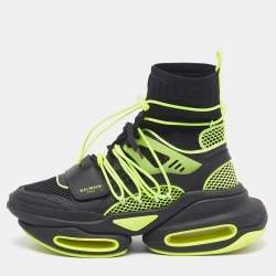 Pre Owned Balmain B-Bold Size 42 Black/Green Fabric and Leather High Top Sneakers