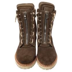 Balmain Khaki Suede and Leather Lace Up Combat Boots Size 41