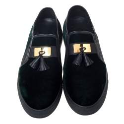 Balmain Green/Black Velvet and Leather Tassel Slip On Sneakers Size 39