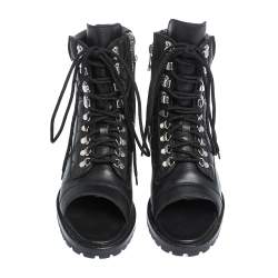 Pre Owned Balmain Black Quilted Leather Lace up Open Toe Boots Size 40