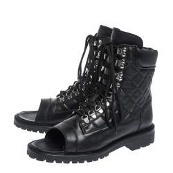 Pre Owned Balmain Black Quilted Leather Lace up Open Toe Boots Size 40