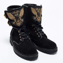 Balmain Black Suede Eagle Combat Boots Size 41