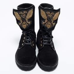 Balmain Black Suede Eagle Combat Boots Size 41