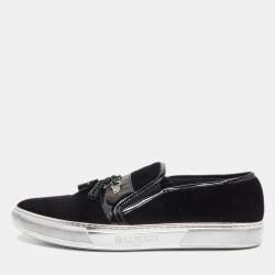Balmain Black Velvet and Patent Leather Fringe Slip On Sneakers Size 46