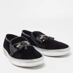 Balmain Black Velvet and Patent Leather Fringe Slip On Sneakers Size 46