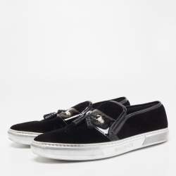 Balmain Black Velvet and Patent Leather Fringe Slip On Sneakers Size 46
