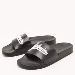 Balmain Black Logo Embroidered Leather Pool Slides Size 40