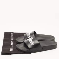 Balmain Black Logo Embroidered Leather Pool Slides Size 40