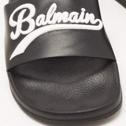 Balmain Black Logo Embroidered Leather Pool Slides Size 40