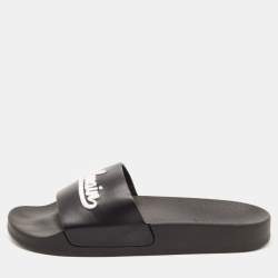 Balmain Black Logo Embroidered Leather Pool Slides Size 40