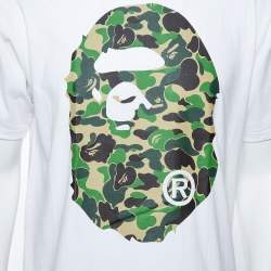 A Bathing Ape White Camo Logo Print Cotton Crew Neck T-Shirt L