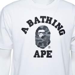A Bathing Ape White Camo Logo Print Cotton Crew Neck T-Shirt L