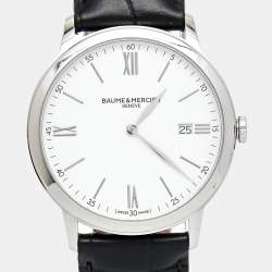 Pre Owned Baume & Mercier White Stainless Steel Leather Classima 10323 Men's Wristwatch 40 mm