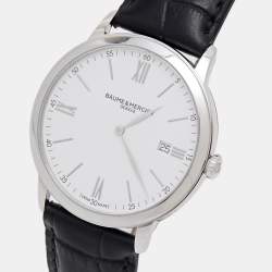 Pre Owned Baume & Mercier White Stainless Steel Leather Classima 10323 Men's Wristwatch 40 mm