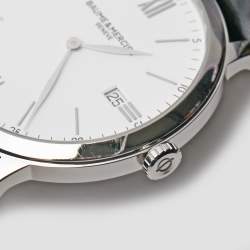 Pre Owned Baume & Mercier White Stainless Steel Leather Classima 10323 Men's Wristwatch 40 mm