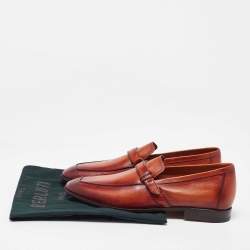 Berluti Brown Leather Strap Detail Penny Loafers Size 39.5