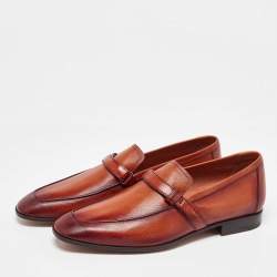 Berluti Brown Leather Strap Detail Penny Loafers Size 39.5
