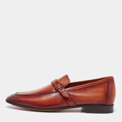 Berluti Brown Leather Strap Detail Penny Loafers Size 39.5