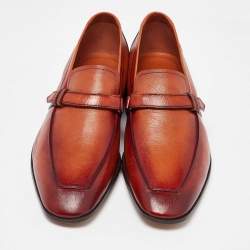 Berluti Brown Leather Strap Detail Penny Loafers Size 39.5
