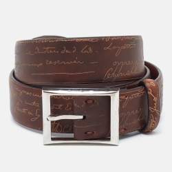 Berluti Brown Scritto Leather Classic Buckle Belt 85CM