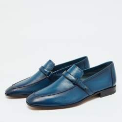 Berluti Blue Leather Strap Detail Slip On Loafers Size 39.5