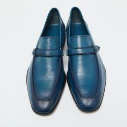 Berluti Blue Leather Strap Detail Slip On Loafers Size 39.5