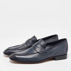 Pre Owned Berluti Blue Leather Lorenzo Scritto Kangaroo Penny Loafers Size 39