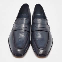Pre Owned Berluti Blue Leather Lorenzo Scritto Kangaroo Penny Loafers Size 39