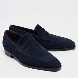 Berluti Navy Blue Suede Penny Loafers Size 41