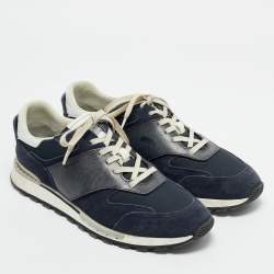 Berluti Navy Blue Leather and Suede Run Track Lace Up Sneakers Size 42.5