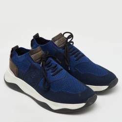Berluti Navy Blue Knit Fabric and Leather Shadow Sneakers Size 44.5