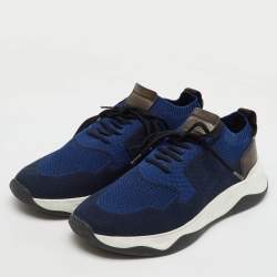 Berluti Navy Blue Knit Fabric and Leather Shadow Sneakers Size 44.5