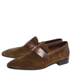 Pre Owned Berluti Brown/Olive Green Suede and Leather Andy Penny Loafers Size 41