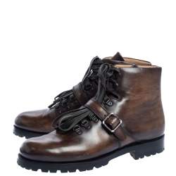 Berluti Brown Leather 'Brunico Bolzano' Lace Up Ankle Boots Size 41.5