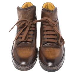 Pre Owned Berluti Brown Burnished Leather Playtime High Top Sneakers Size 43