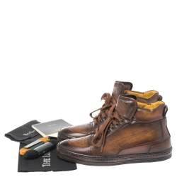 Pre Owned Berluti Brown Burnished Leather Playtime High Top Sneakers Size 43