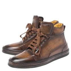 Pre Owned Berluti Brown Burnished Leather Playtime High Top Sneakers Size 43