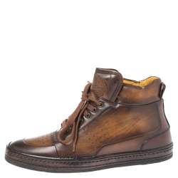 Pre Owned Berluti Brown Burnished Leather Playtime High Top Sneakers Size 43