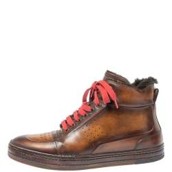 Pre Owned Berluti Brown/Black Leather Playtime Fur High Top Sneakers Size 42.5