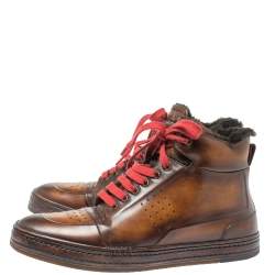 Pre Owned Berluti Brown/Black Leather Playtime Fur High Top Sneakers Size 42.5