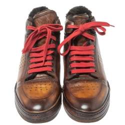 Pre Owned Berluti Brown/Black Leather Playtime Fur High Top Sneakers Size 42.5