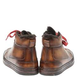 Pre Owned Berluti Brown/Black Leather Playtime Fur High Top Sneakers Size 42.5