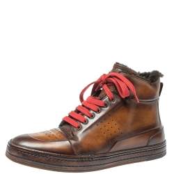 Pre Owned Berluti Brown/Black Leather Playtime Fur High Top Sneakers Size 42.5