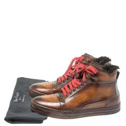 Pre Owned Berluti Brown/Black Leather Playtime Fur High Top Sneakers Size 42.5